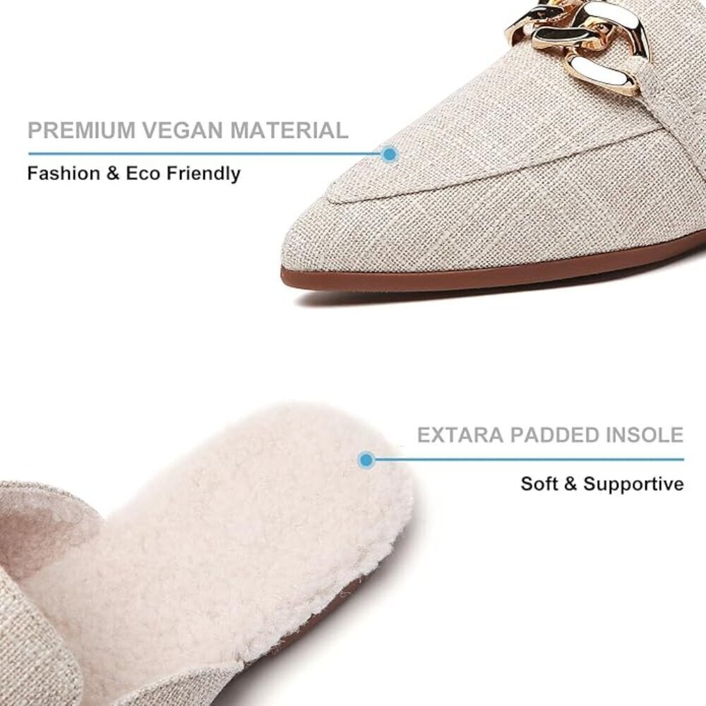 Beige Pointed-Toe Flat Mules with Metal Chain, Sherpa-Lined Backless Loafers Siz - Picture 2 of 9